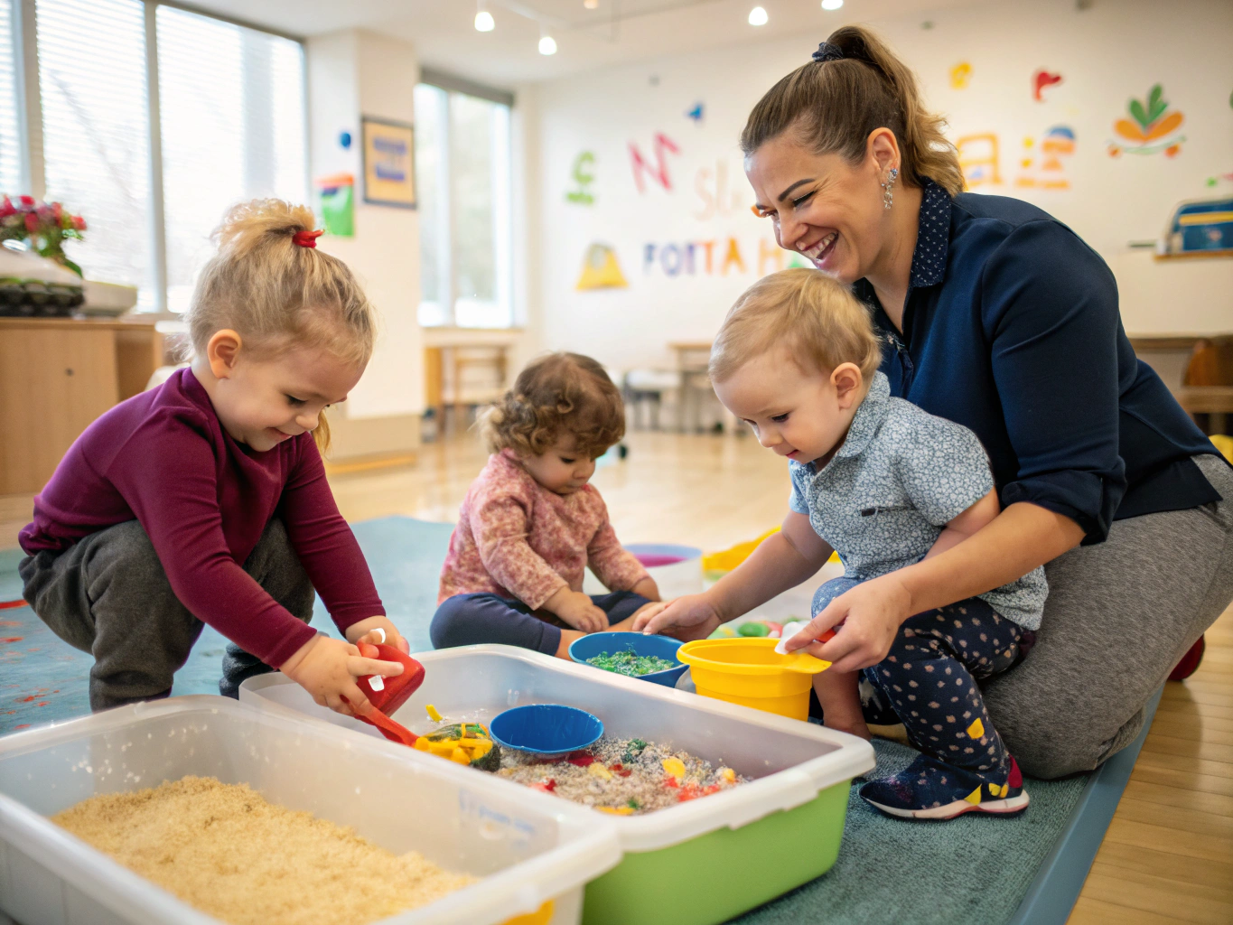 Toddlers and parents enjoying sensory play and stories on a rug