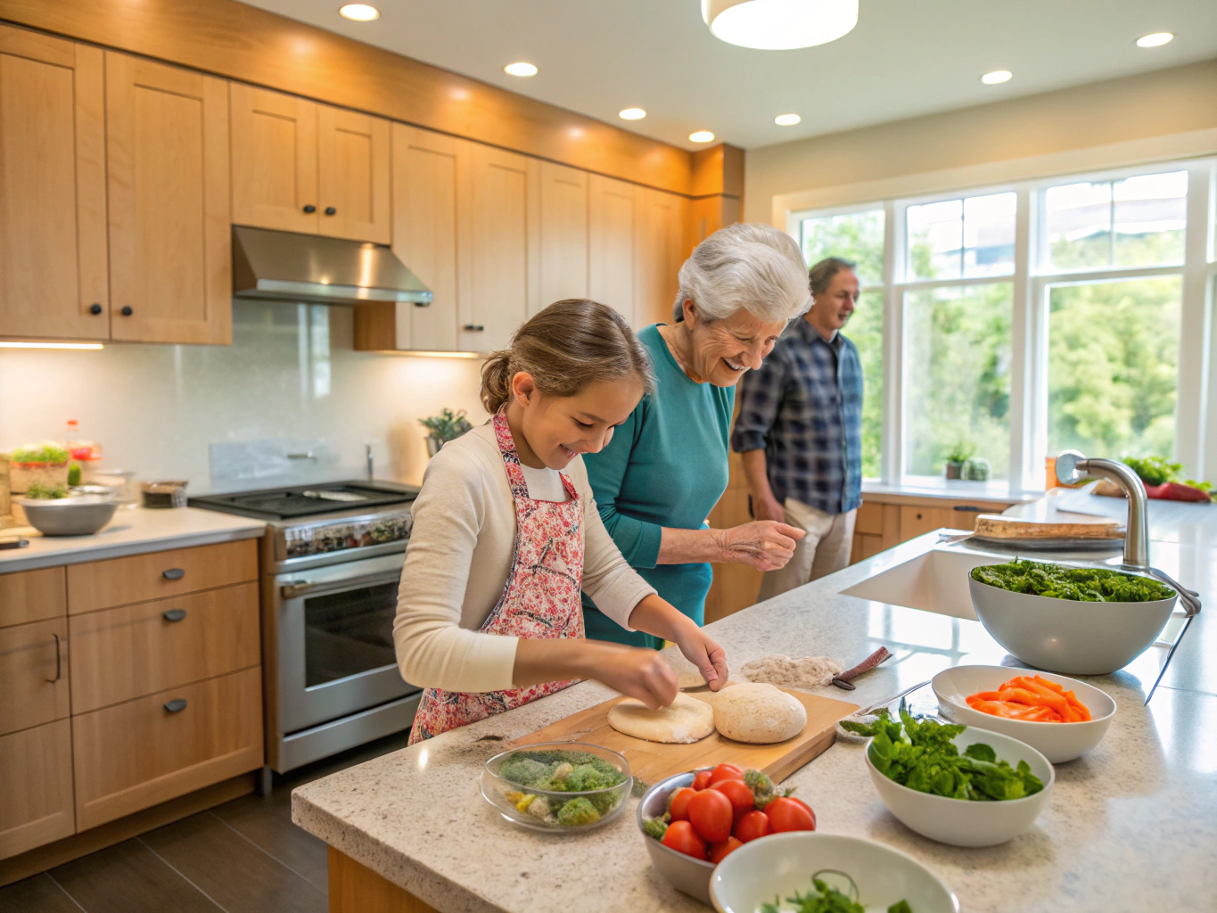 Neighbors cooking together at the community kitchen workshop