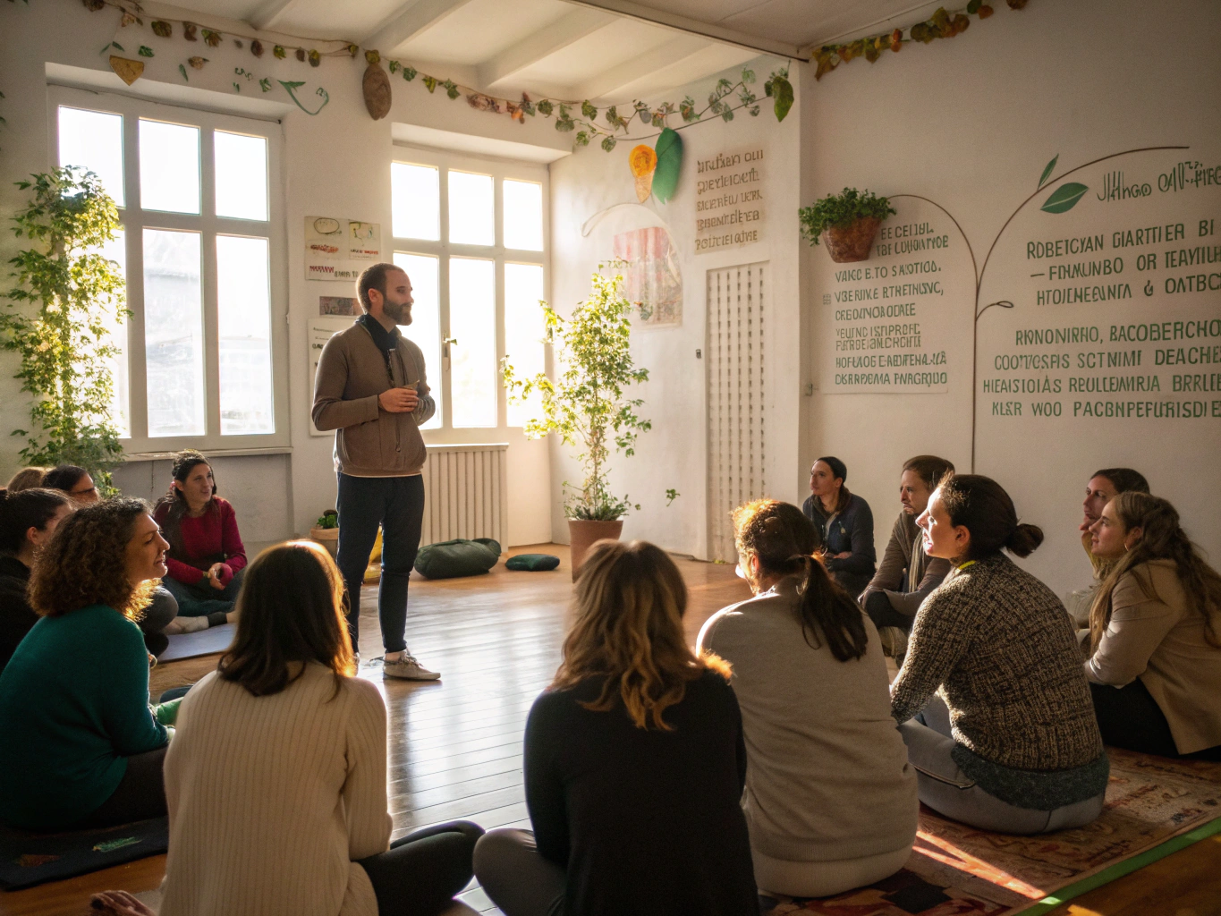 Community members seated in a circle for a calm mindfulness discussion