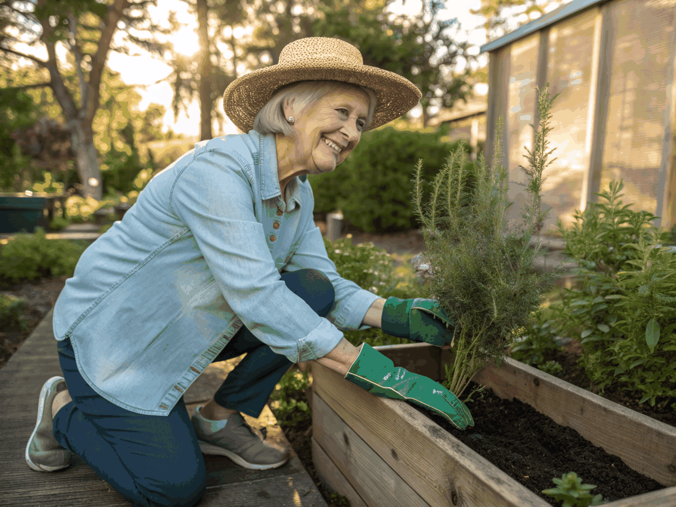 Eileen tending green vegetable beds in the community allotment garden