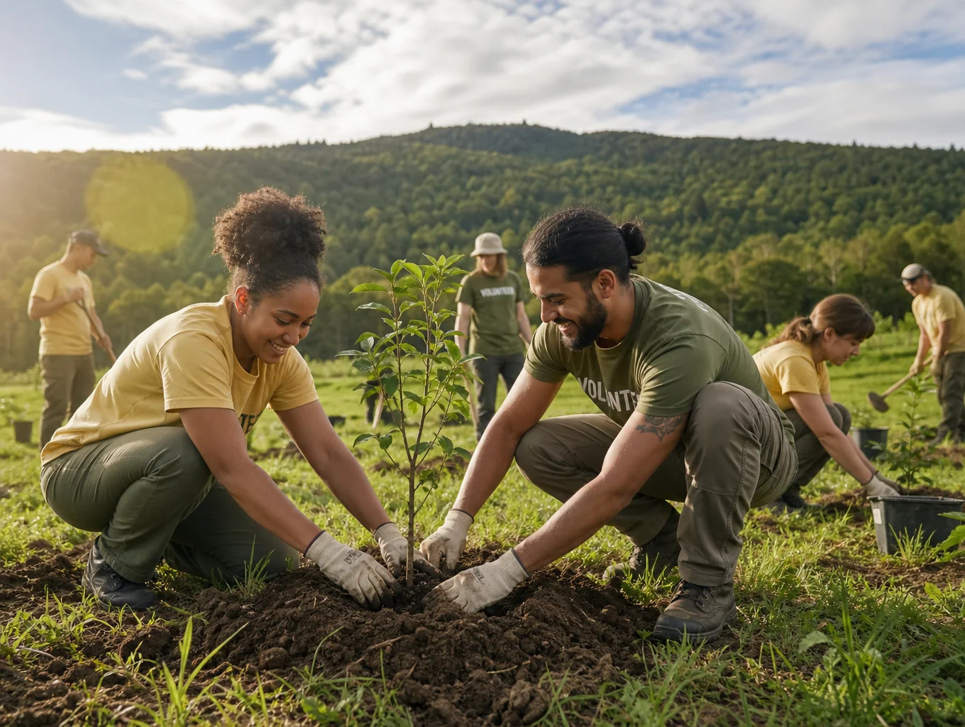 Volunteers planting trees in the community parkland
