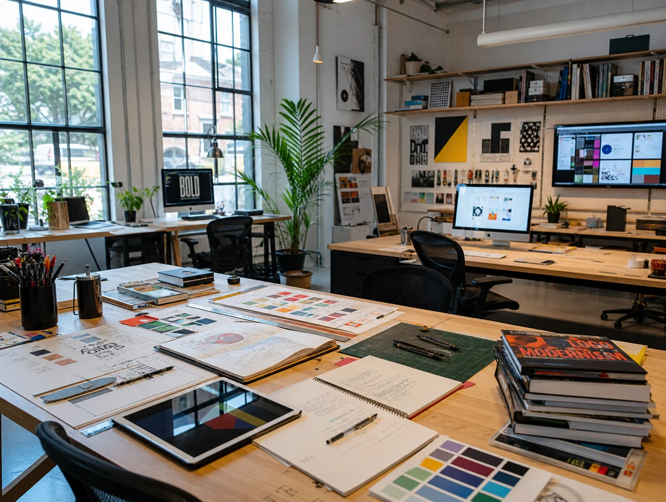 Collaborative enterprise workroom with timber tables and studio daylight