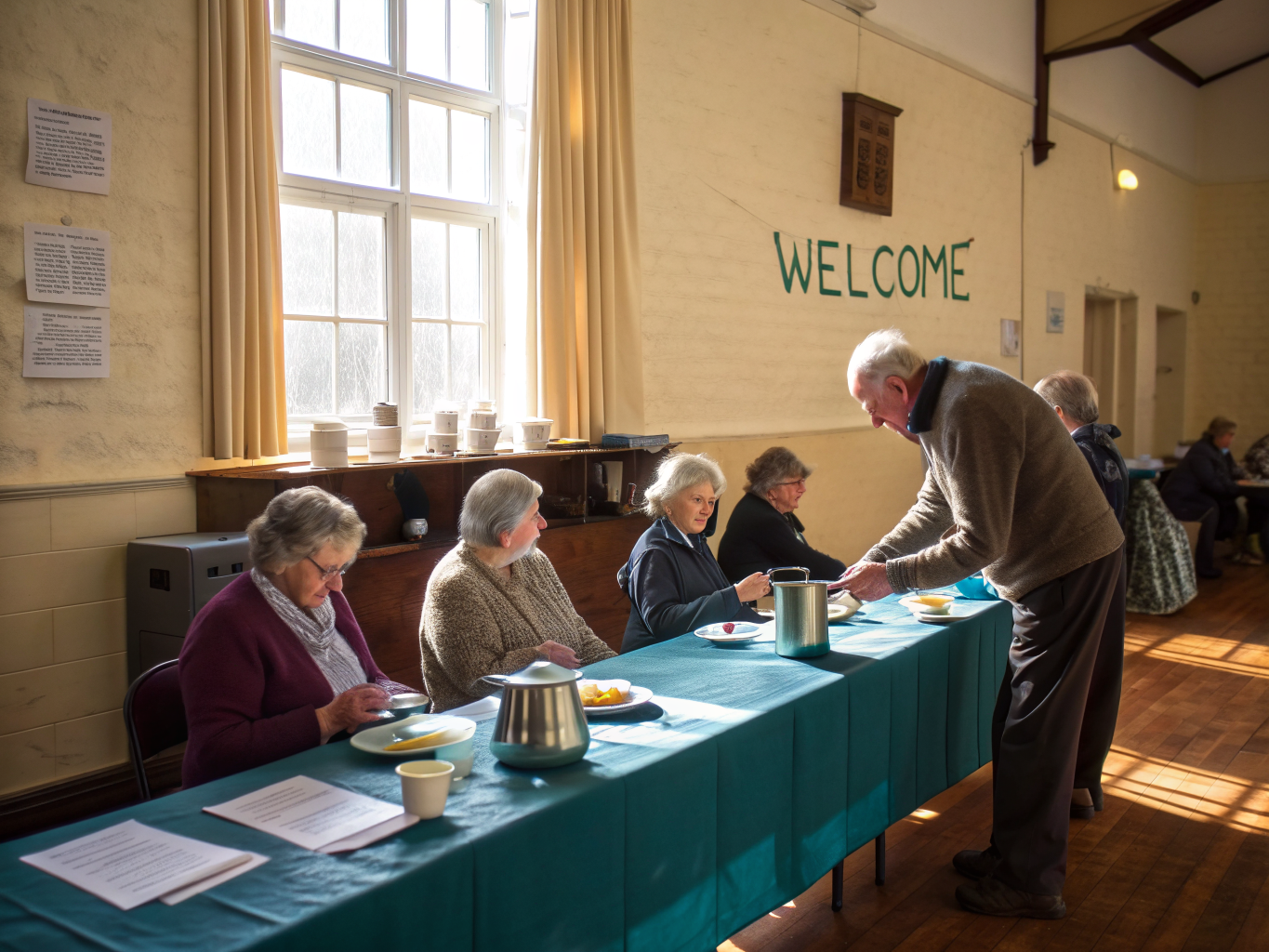 Neighbors gathering and talking over tea during a community lunch